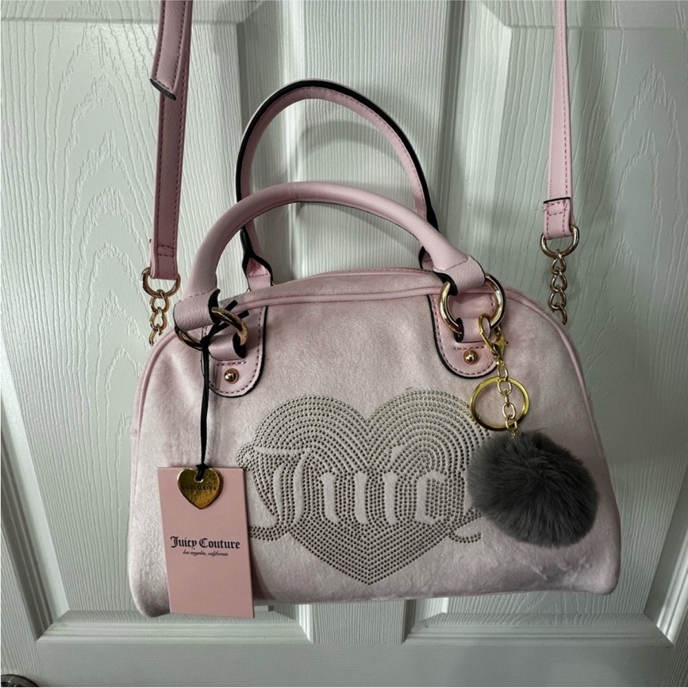 Juicy Couture Light Pink Heart Logo Satchel with Pom Charm